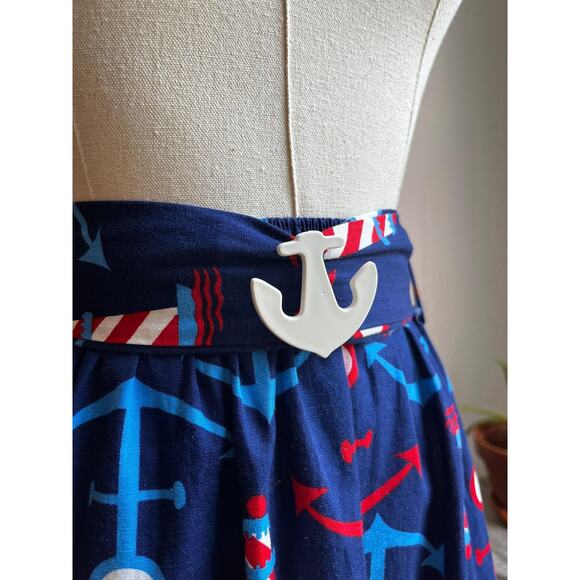 Vintage 60s Nautical Anchor Print Maxi Skirt | 1960s Red Blue Lighthouse A‑Line - Picture 3 of 8